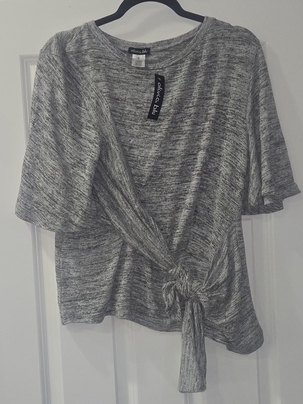 Olivia Blu Gray Tie-Front Short Sleeve Blouse